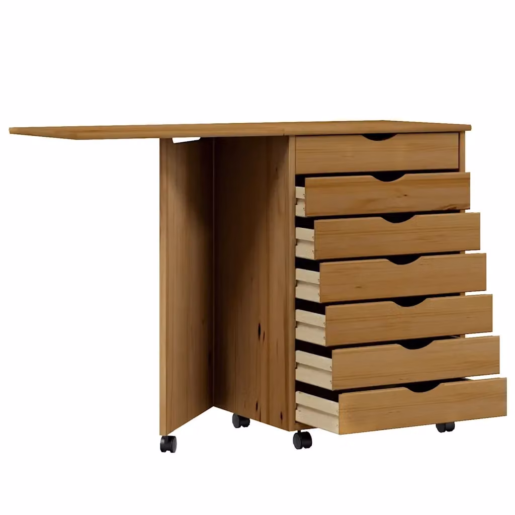 Mobiletto con scrivania pieghevole e vano contenitore in legno di pino color marrone con ruote L: 105,5 cm, P: 39 cm, H: 74,5 cm – 2
