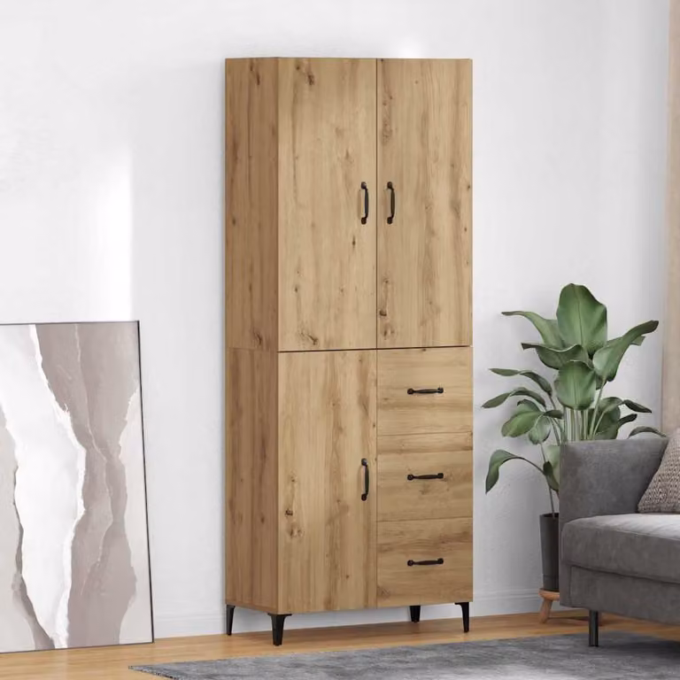 Credenza moderna vidaXL in rovere con ante e cassetti, marrone e nero, L: 69,5 cm, P: 34 cm, H: 180 cm