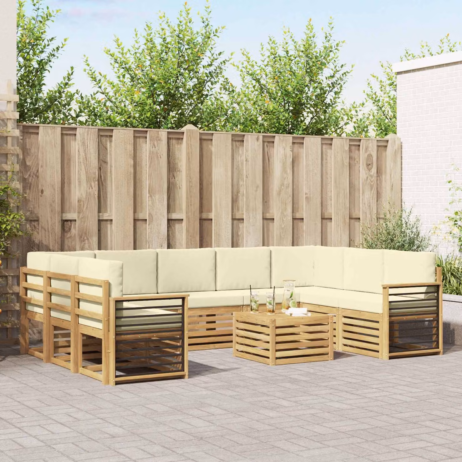 vidaXL Set di divani da esterno a forma di U composto da 10 pezzi con tavolino da caffè, in legno di acacia e tessuto resistente ai raggi UV, Bianco, Beige e Marrone
