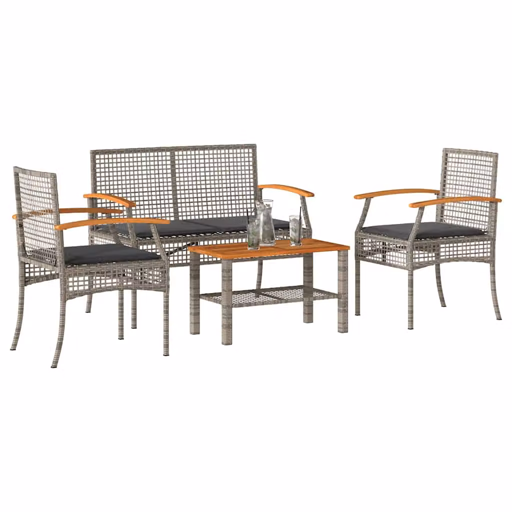 Set da giardino vidaXL composto da 2 divani a 2 posti, 1 tavolino da caffè e 1 poltrona in rattan con cuscini imbottiti, struttura in acciaio e legno di acacia, colore grigio e marrone