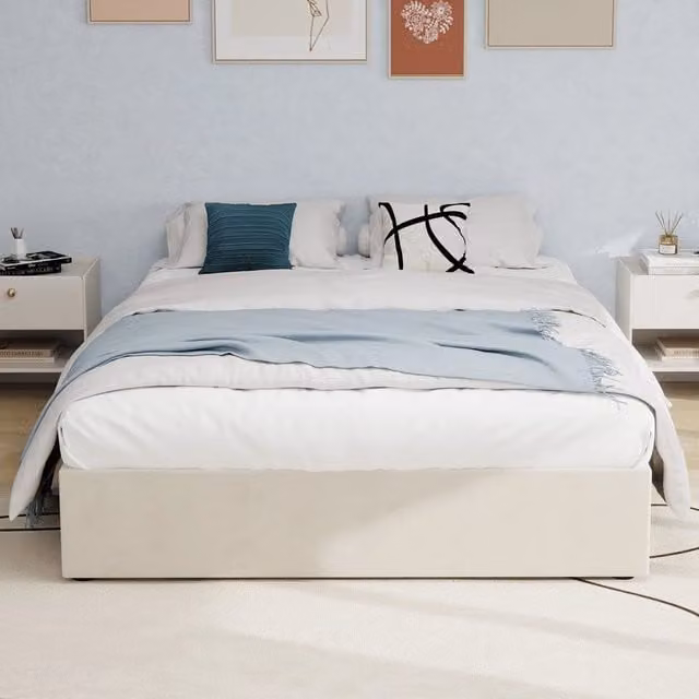Letto Contenitore Matrimoniale in Velluto ¨C MINIMAL ¨C Beige 160x200 con Pistone Idraulico
