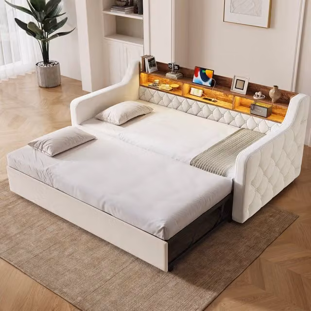 Letto divano estraibile 90 × 190 cm con LED, USB e porta Type-C, testiera contenitore, senza materasso, beige
