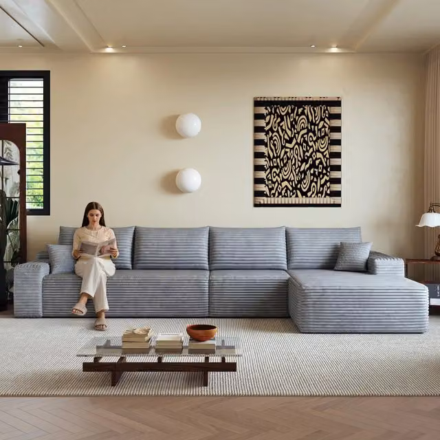 Divano angolare modulare con chaise longue a L 4 posti in velluto a coste grigio 340x175x83 cm