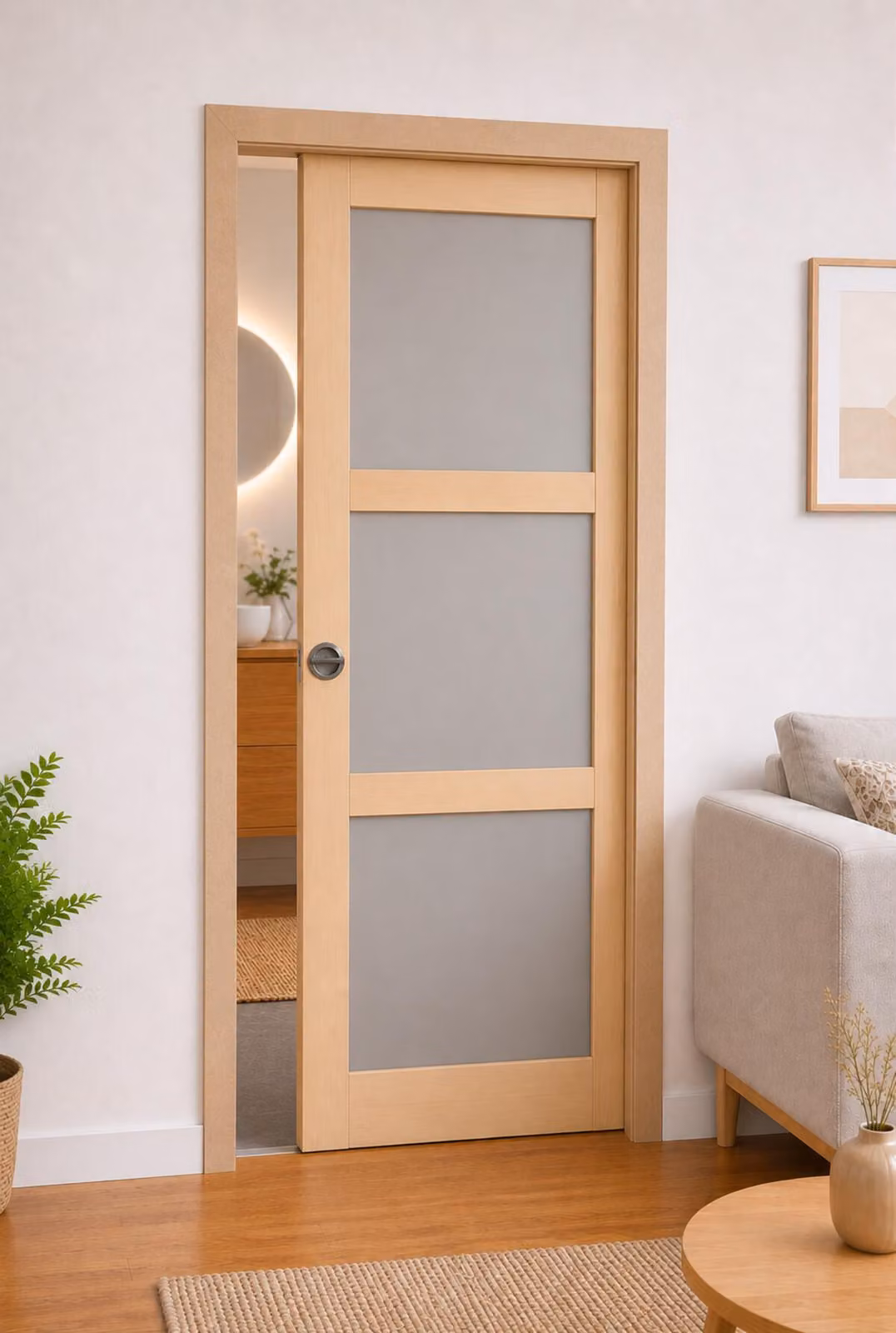 Porta scorrevole Ayous a 3 pannelli grigio chiaro H204 x L73 cm, controsoffitto, kit finitura GD MENUISERIES
