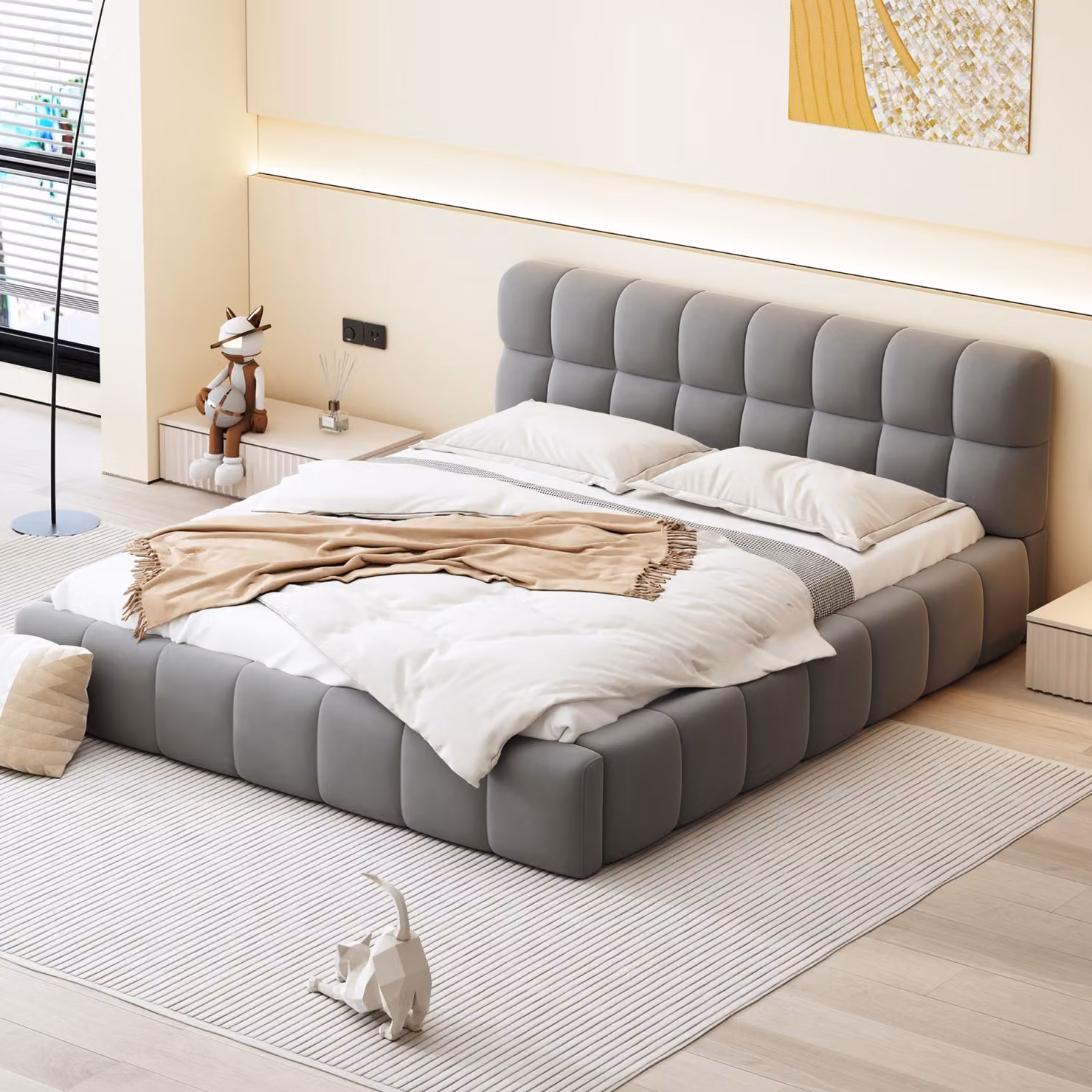 UnboxG Letto imbottito 140 x 200 cm, letto per ragazzi, letto matrimoniale con schienale morbido, letto piano con struttura imbottita, rete a doghe in lino