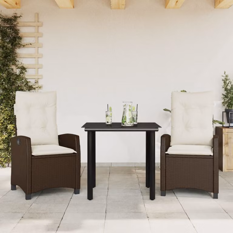 Set da Pranzo da Giardino 3pz vidaXL in Polyrattan Marrone con Piano in Vetro e Cuscini