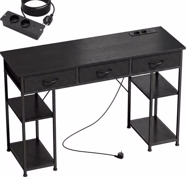 Scrivania HOMCOM con contenitore e prese di corrente, 3 cassetti in tessuto e 4 ripiani di stoccaggio, Nero, L: 120 cm, P: 40 cm, H: 76 cm