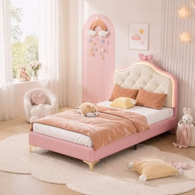 Letto singolo imbottito rosa con LED multicolori e listelli in legno, 90x200 cm