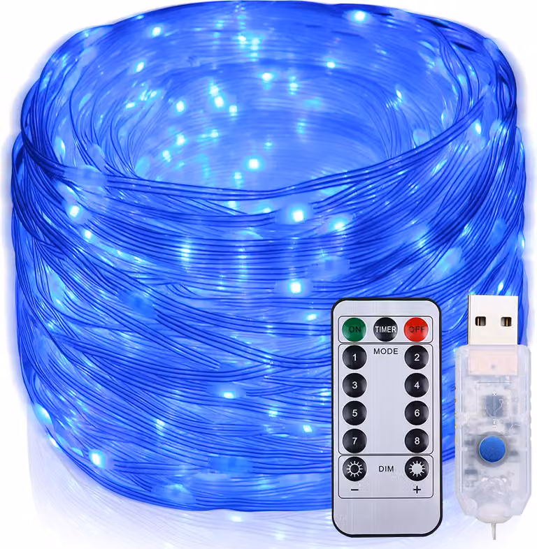10M LED luci fata blu PVC potenza luci fata con timer telecomando 8 modalità nozze giardino festa Natale fai da te illuminazione decorazione, USB