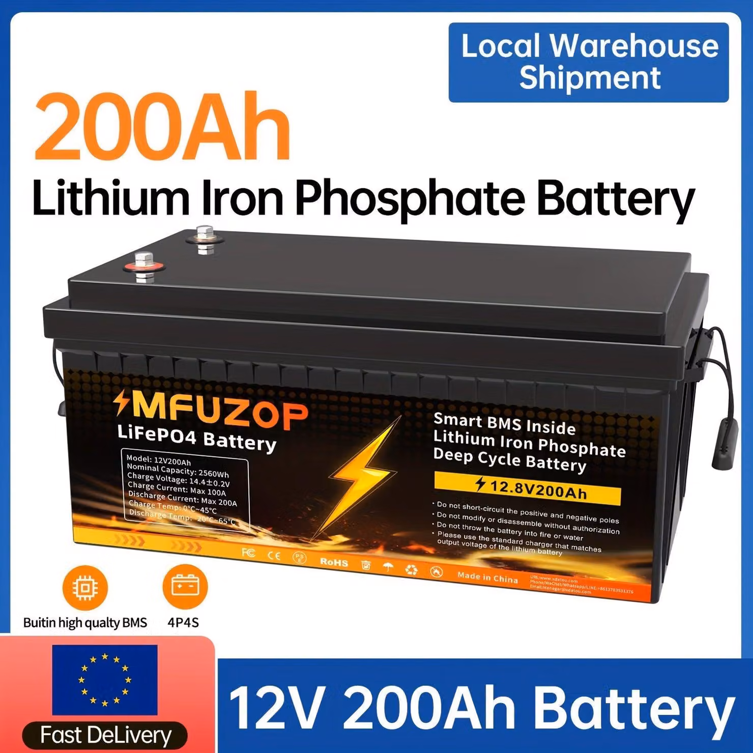 Batteria al litio - Batteria agli ioni di litio - Batteria LiFePO4 - Batteria per barche - Batteria solare - Capacità: 12V 200Ah