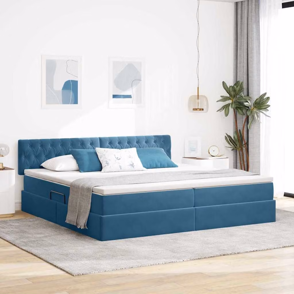 Letto con contenitore vidaXL in velluto blu e bianco L/P/H: 200 x 200 x 280 cm – 1