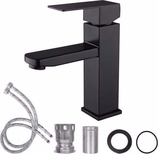 Rubinetto a cascata per lavabo Ibenzoa®, nero – acciaio inossidabile 304, finitura smaltata, getto d'acqua a cascata, miscelatore per lavabo e lavabo con due manopole
