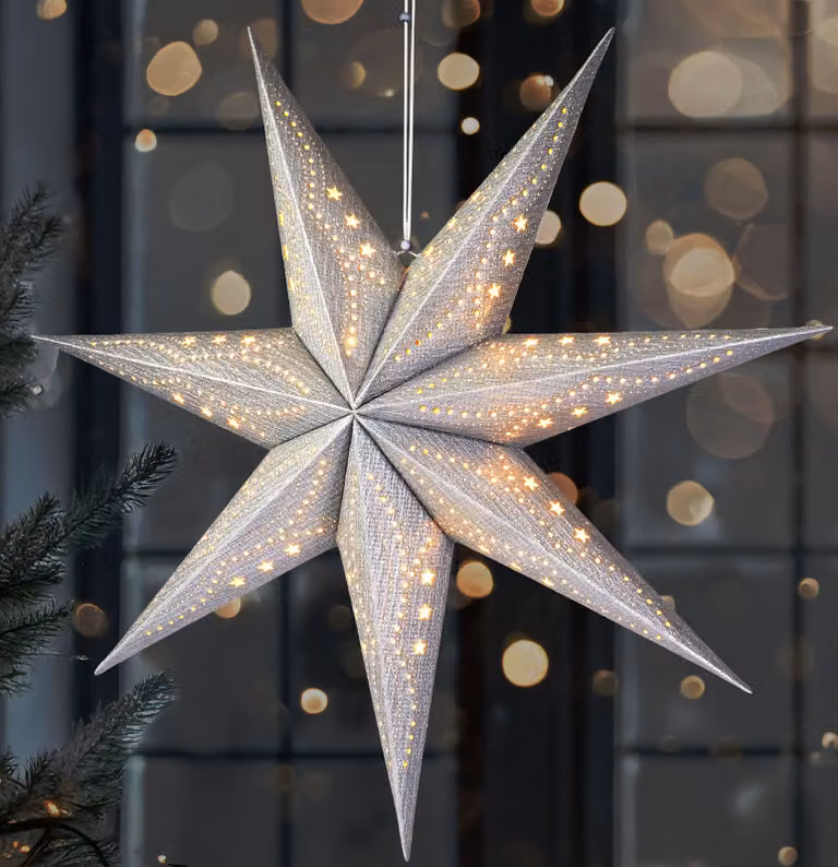 BRUBAKER Stella di Natale 3D da appendere - Stella di carta a LED con timer - Stella dell'Avvento da 60 cm a batteria, argento
