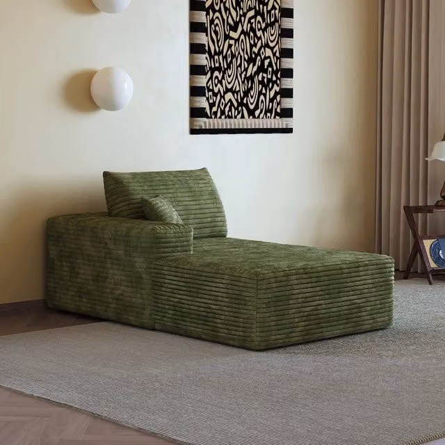 Divano angolare modulare Mivray in velluto a coste verde con chaise longue sinistra e schiuma ad alta elasticità