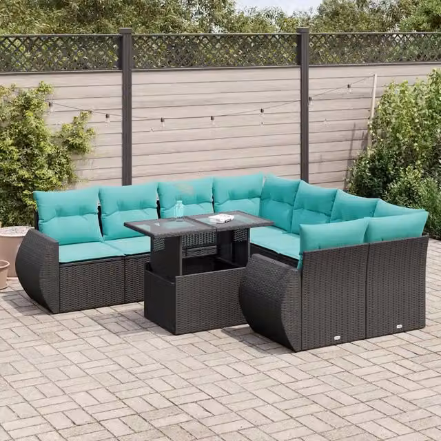 Set Divani da Giardino 9 pz con Cuscini Nero Polyrattan Acacia 3326608