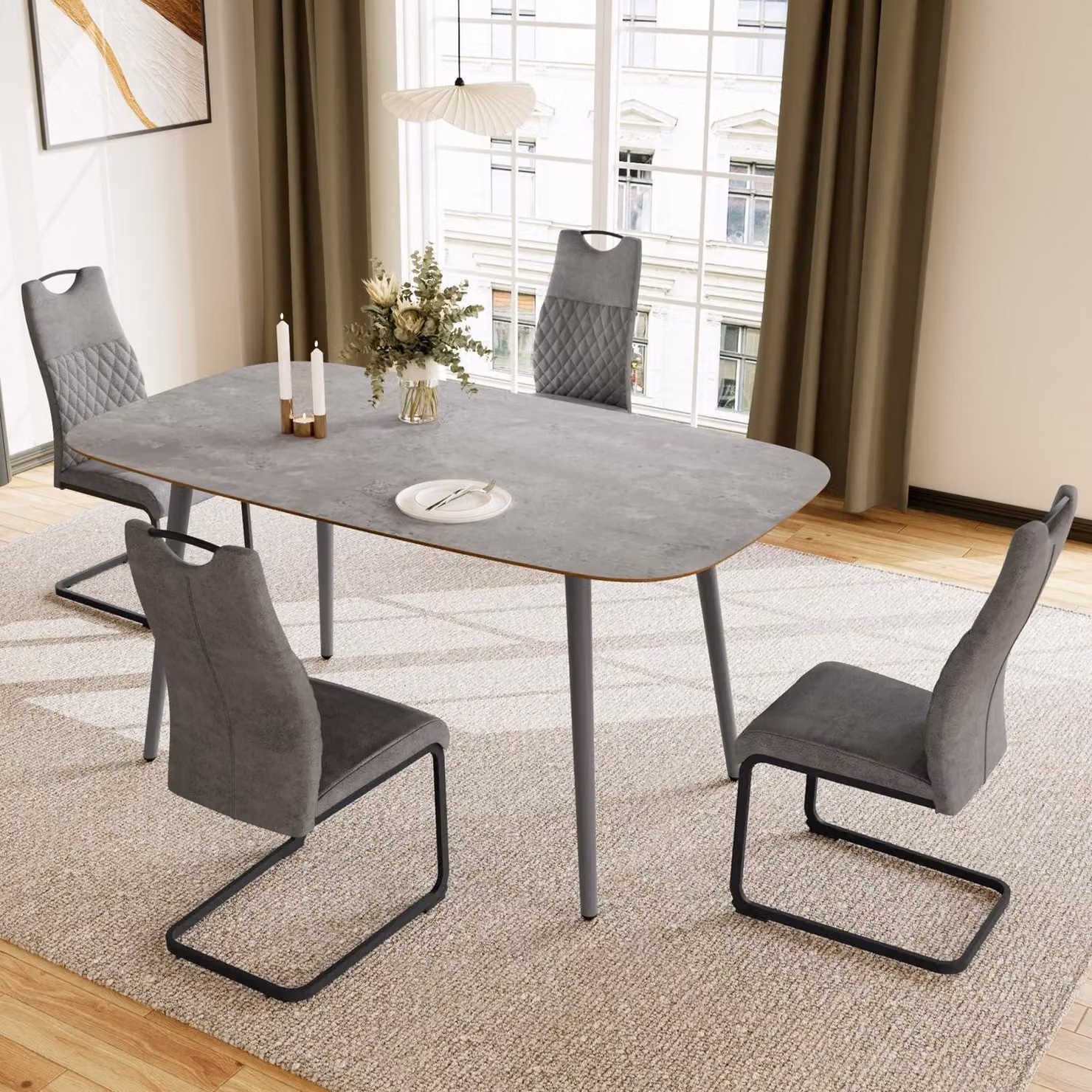 Tavolo da pranzo con 4 sedie, struttura in legno MDF e metallo, colore grigio, dimensioni 120 cm