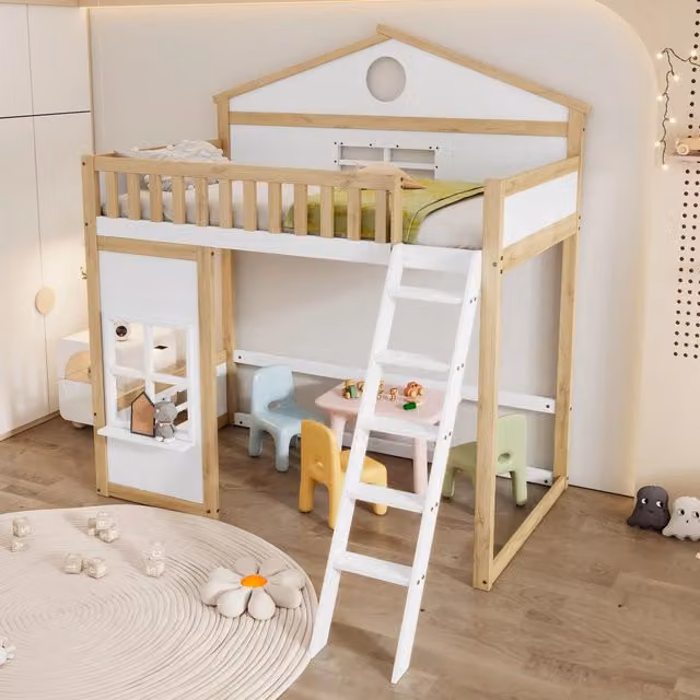 letto a castello in legno massello e mdf bianco e naturale 90x200 cm