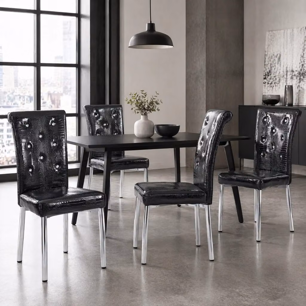 Set di 2 sedie da pranzo vintage WISHDOR con rivestimento effetto pelle nero e gambe in metallo galvanizzato con dettagli decorativi a bottone cristallo – 2