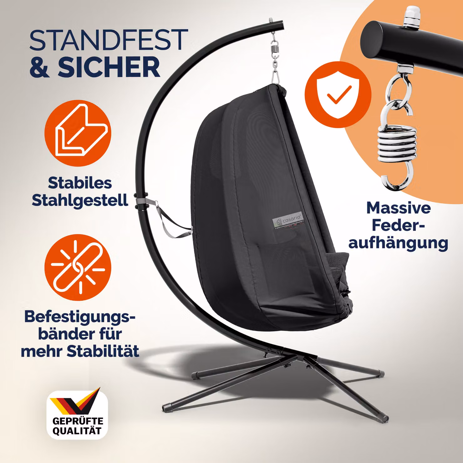 Sedia sospesa Alvie CASARIA antracite con struttura in metallo e cuscini inclusi H 190 x L 140 x P 110 cm – 2
