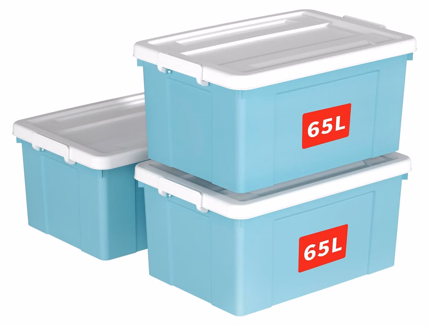 Contenitori di stoccaggio da 65 litri, confezione da 3 pezzi, con coperchi, clip di chiusura, impilabili, colore blu, per l'ufficio