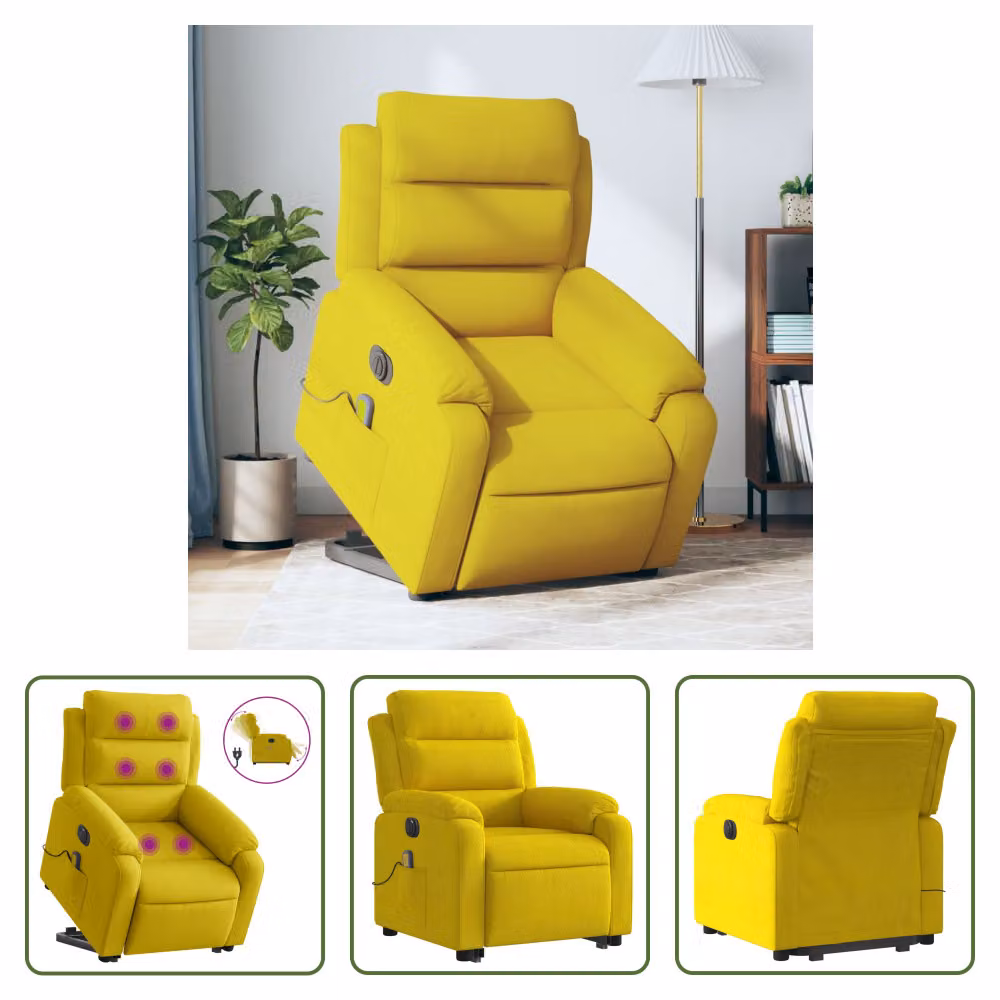 The Living Store Sedia massaggiante con supporto in piedi elettrica in velluto giallo