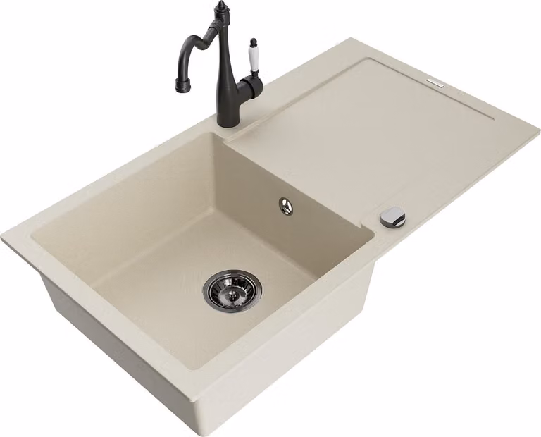 Mexen Leo lavello in granito monocamera con scolapiatti e miscelatore cucina Carla, beige - 6501-69-670700-70