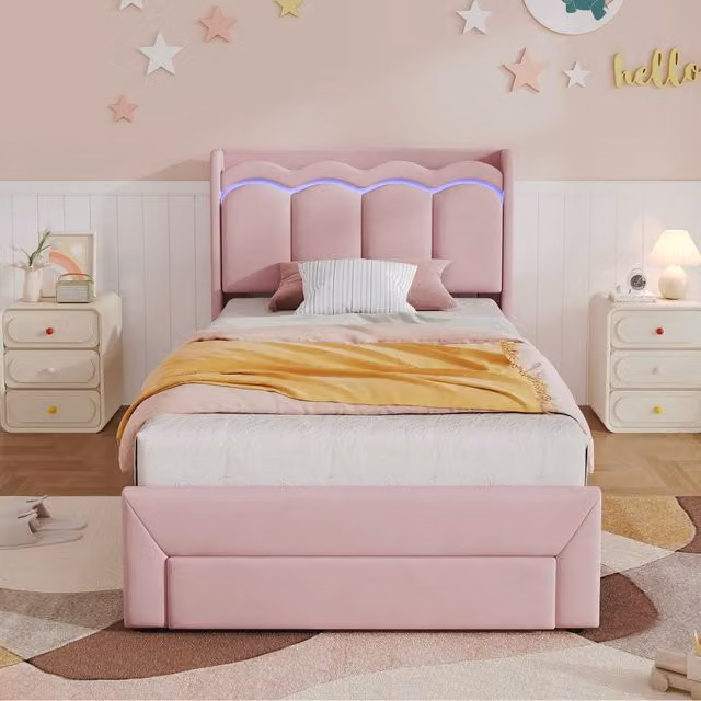 Letto per bambini 90x200 cm con LED controllabile da app; cassetto e mensola; velluto rosa
