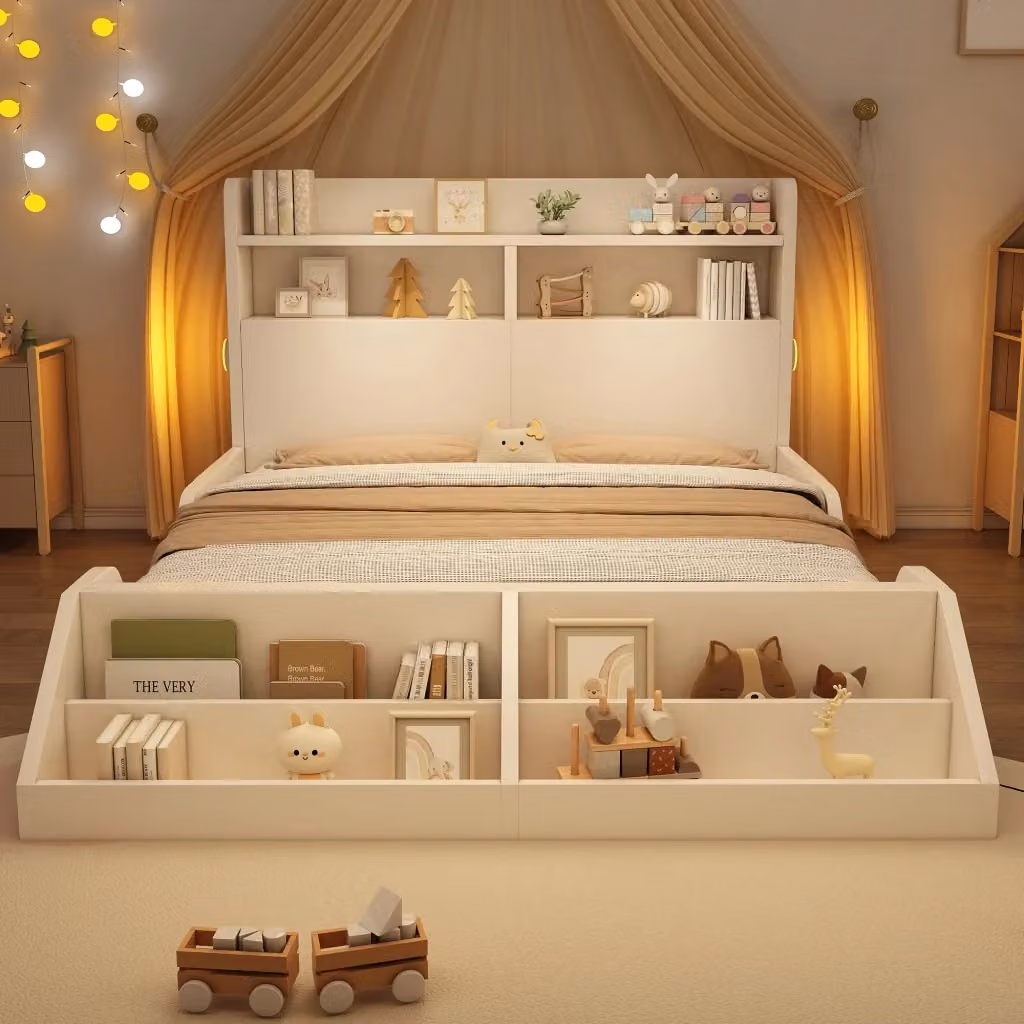Letto REDOM in legno massiccio bianco con libreria integrata e luci da lettura, L/P: 140 x 200 cm – 2