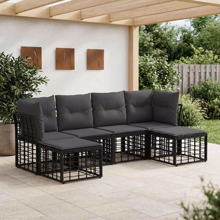 Set di divani da esterno a forma di U vidaXL in polyrattan nero con cuscini inclusi