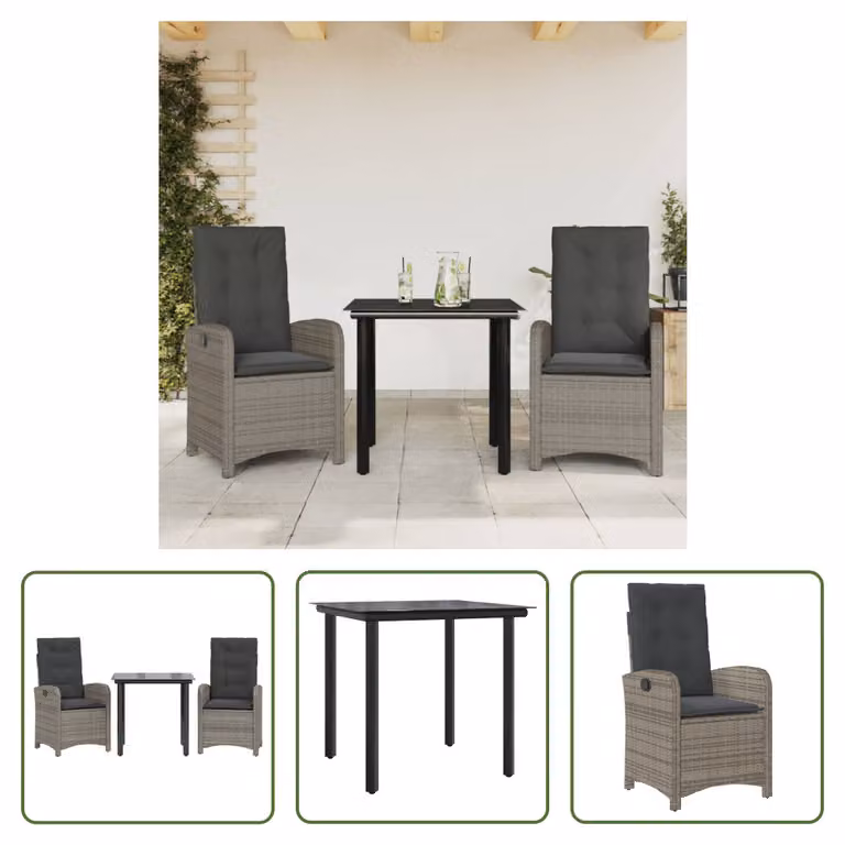 The Living Store Set da pranzo da giardino in 3 pezzi con cuscini in poly rattan grigio