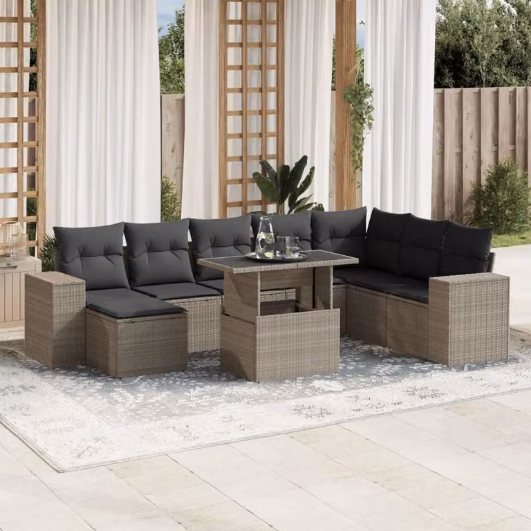 Set Divano da Giardino a L vidaXL 9pz in Polyrattan Grigio Antracite con Cuscini e Tavolino
