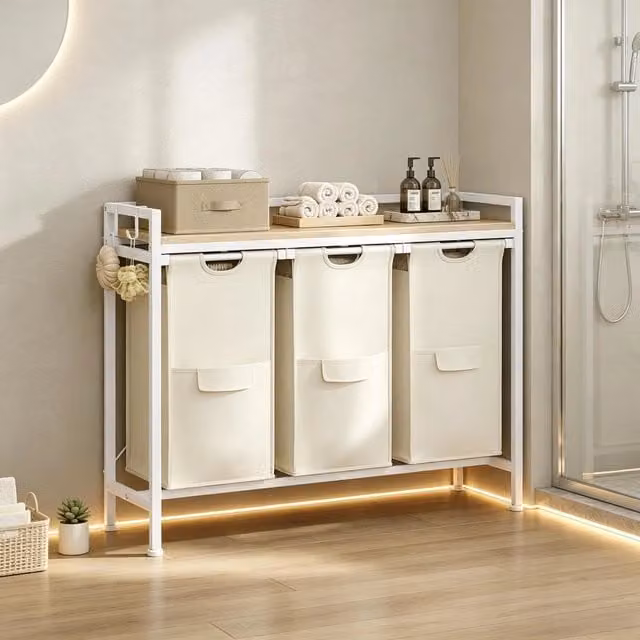 Carrello portabiancheria WISHDOR in stile industrial con 3 cesti estraibili, piano d'appoggio e ruote, colore bianco, L/P/H: 96 x 30 x 71 cm
