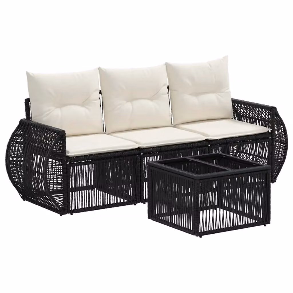 Set da giardino vidaXL composto da divano a 3 posti e tavolino con cuscini imbottiti in rattan nero e bianco crema – 2