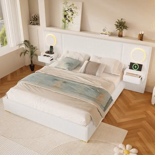 Letto matrimoniale imbottito 180x200 in velluto beige con testiera LED; prese USB; comodini e cassetti