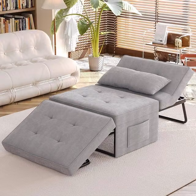 Divano Letto 4 in 1 Poltrona Chaise Longue Ottomana Grigio Chiaro Tasca Laterale