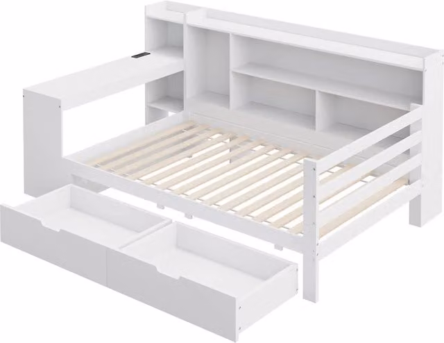 Divano Letto in Legno Massello 90x200 cm con Scrivania, Scaffali, Ripiani e Presa Elettrica, Bianco