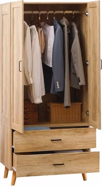 Armadio Guardaroba per Vestiti con 2 Ante e 2 Cassetti con Asta Appendiabiti Effetto Legno Chiaro per Casa 80 x 54 x 180 cm