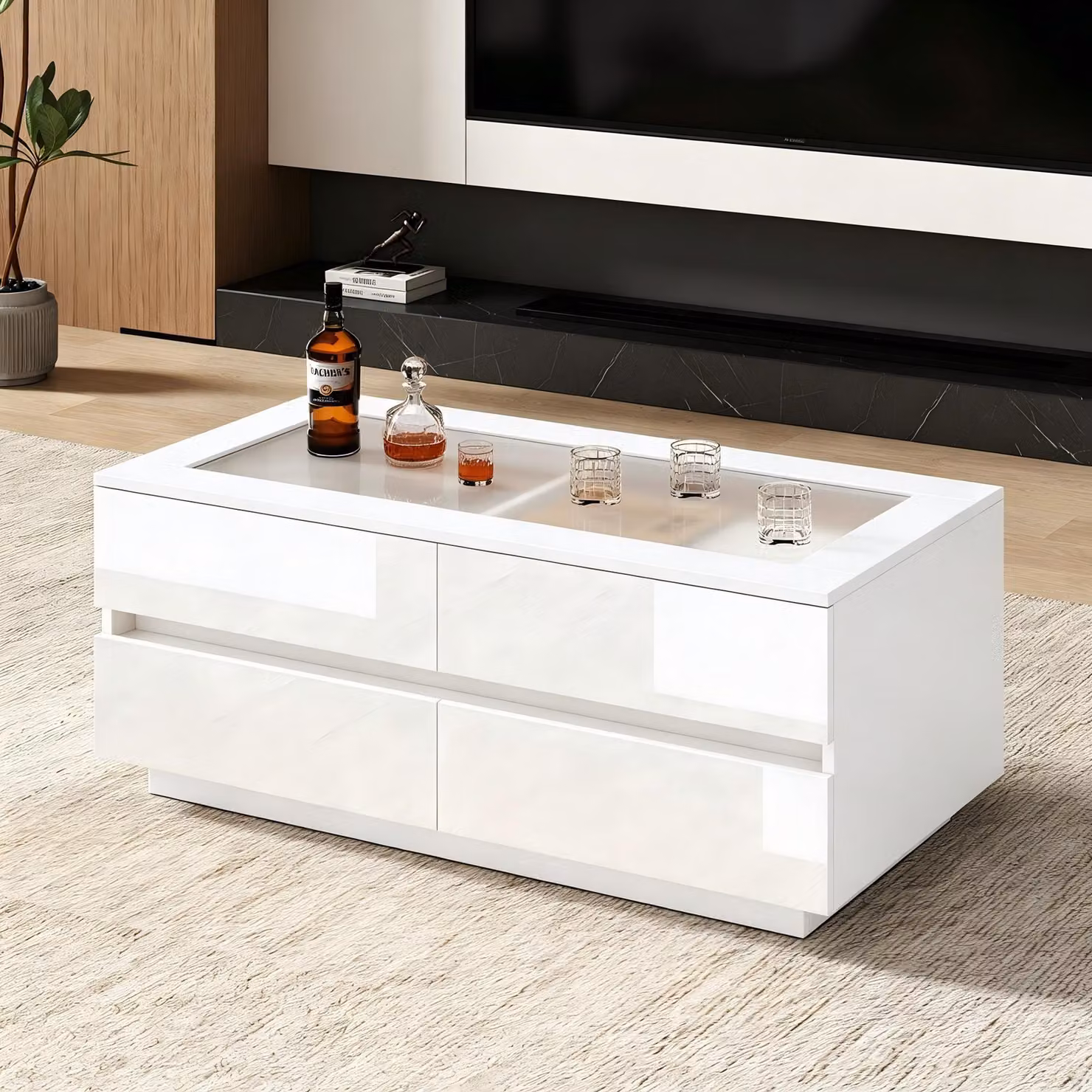 Tavolino STILVORA con 4 cassetti e illuminazione a LED, tavolino da caffè con piano in vetro temperato, tavolino da salotto lucido fino a 35 kg, bianco