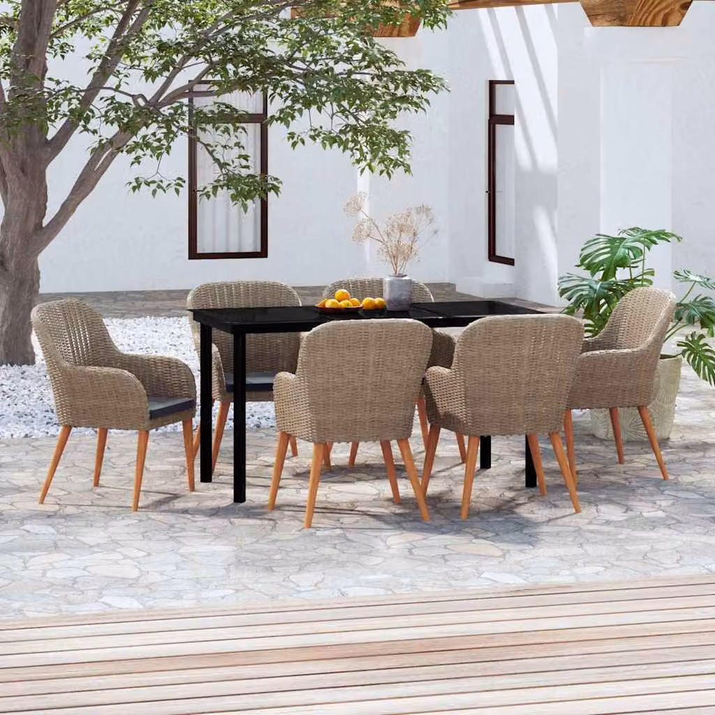 Set da pranzo da giardino vidaXL in polyrattan e legno di acacia con cuscini, 7 pezzi, marrone, nero, grigio