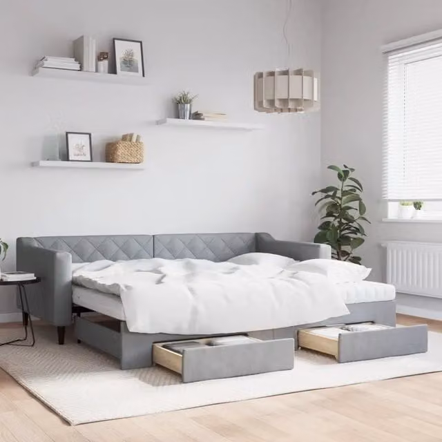 Divano Letto Estraibile con Cassetti vidaXL Grigio Chiaro in Tessuto per Soggiorno e Camera da Letto 90x200 cm – 1