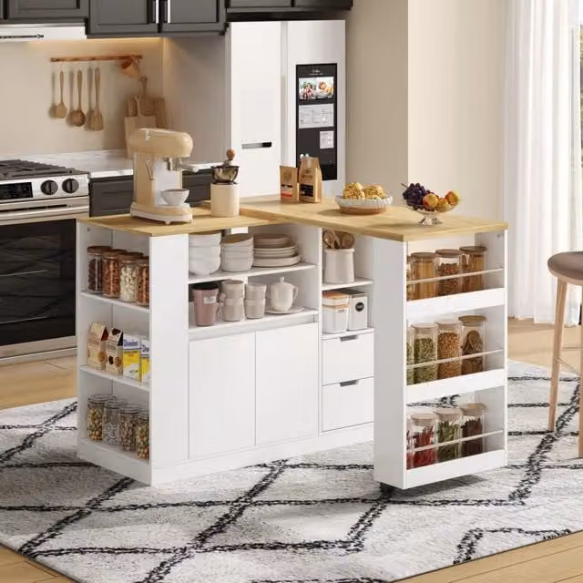 Desviae Isola da cucina con piano girevole estraibile, 2 cassetti e ripiani in MDF bianco e naturale 115 × 50 × 92 cm