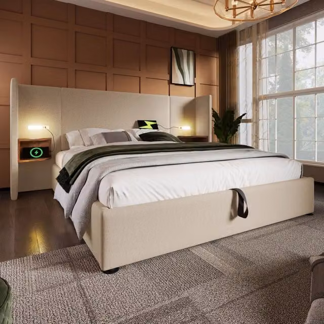 Letto matrimoniale 160x200 contenitore con testiera; comodini; lampada touch e ricarica USB-C; beige in lino