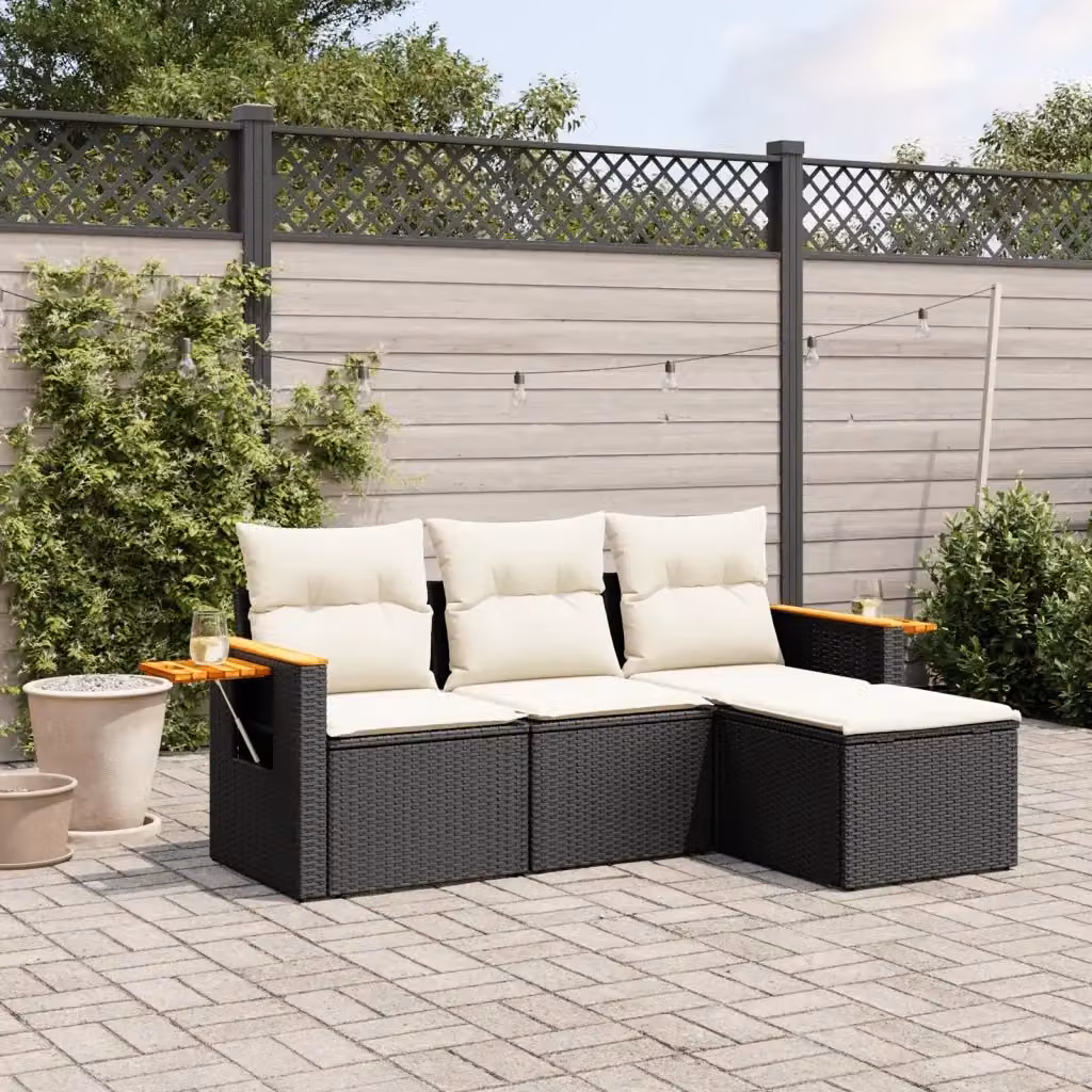 Set Salotto da Giardino Moderno a L in Polyrattan Nero con Cuscini Bianchi e Tavolino DESIGN IN – 2