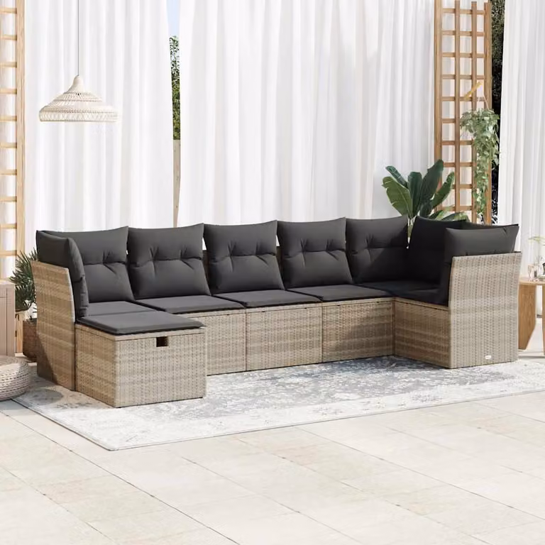 Set di divani da giardino vidaXL in polyrattan con cuscini grigi, composizione a L con ottoman, 7 pezzi