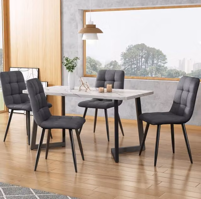 Set di 4 sedie imbottite grigie in lino con gambe in metallo