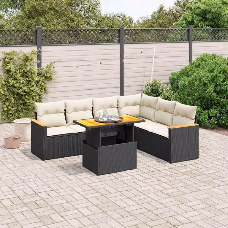 Set Divani da Giardino a L vidaXL in Polyrattan Nero con 7 Cuscini e Tavolino da Esterno