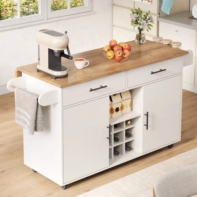 Isola da cucina con piano di lavoro ribaltabile 120 x 45 x 84 cm in legno ingegnerizzato bianco