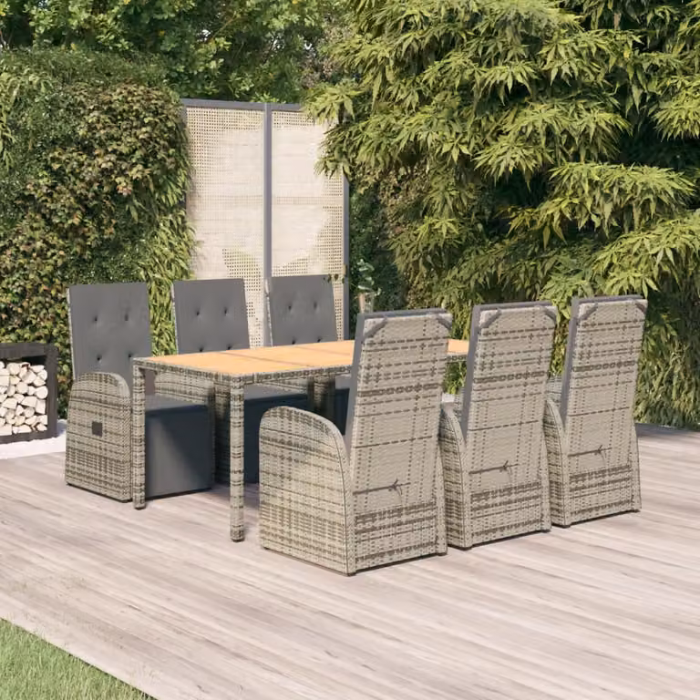 Set da pranzo da giardino vidaXL in polyrattan e legno di acacia grigio con 7 pezzi e cuscini