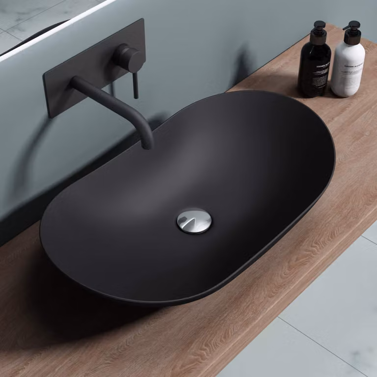 doporro Lavabo da Appoggio Ovale in Vetroceramica Nero Opaco 63x36,5x14 cm, Lavandino Bagno Moderno Effetto Loto, Senza Foro Rubinetto - Brš¹ssel858