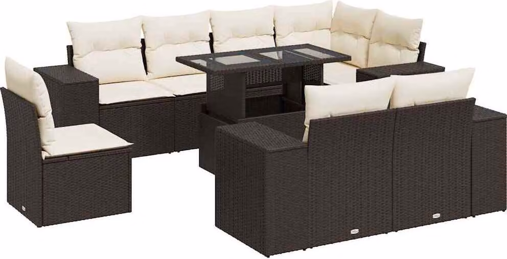Set Divani da Giardino 9pz con Cuscini Marrone in Polyrattan